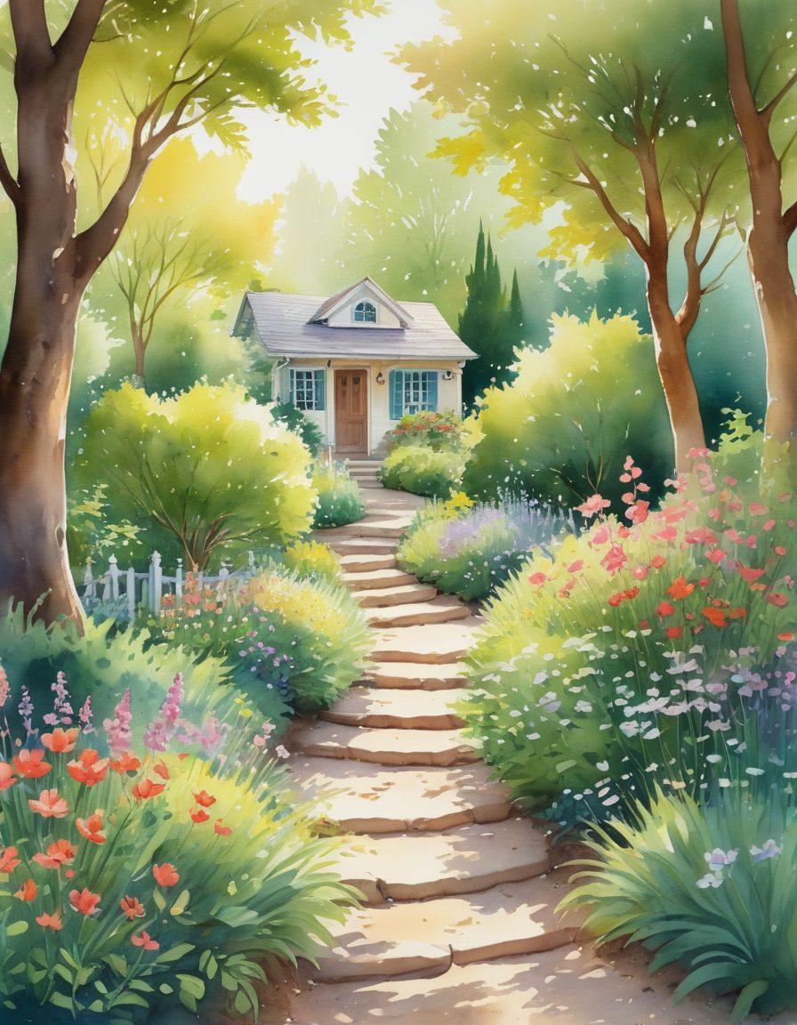 A serene landscape featuring a peaceful garden filled with blooming flowers and lush greenery, with a glowing path leading to a cozy, inviting home. In the foreground, a group of diverse individuals happily engaging in mindfulness activities like yoga and meditation, symbolizing connection and joy. Soft sunlight filters through the trees, casting gentle light on the scene, evoking a sense of tranquility and sustainable happiness. watercolor style. vibrant colors. soft-focus.
