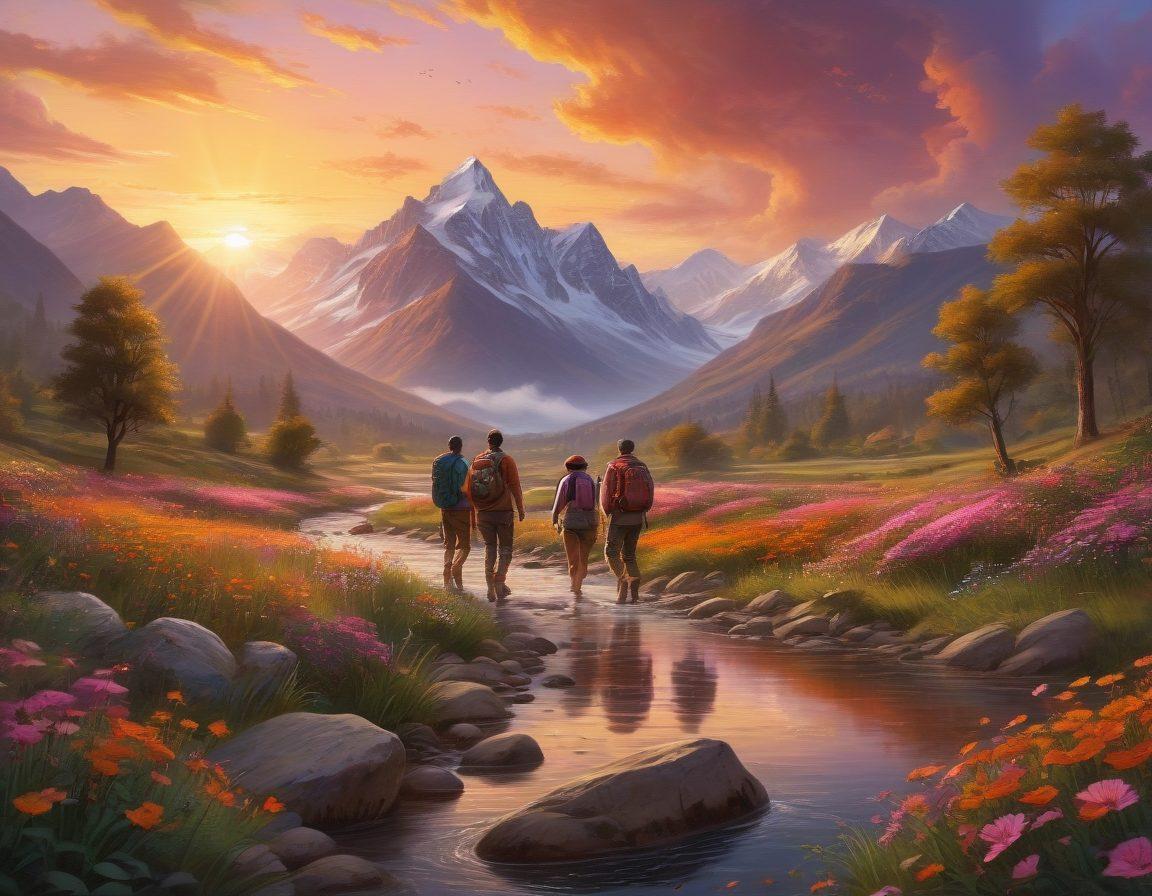 A warm and inviting scene depicting a diverse group of adventurers joyfully exploring a lush landscape, capturing moments of laughter and connection. The background features a vibrant sunset illuminating the sky, symbolizing hope and positivity. Include elements of nature like mountains, rivers, and flowers, representing the journey of life. Super-realistic. Vibrant colors. Warm tones.