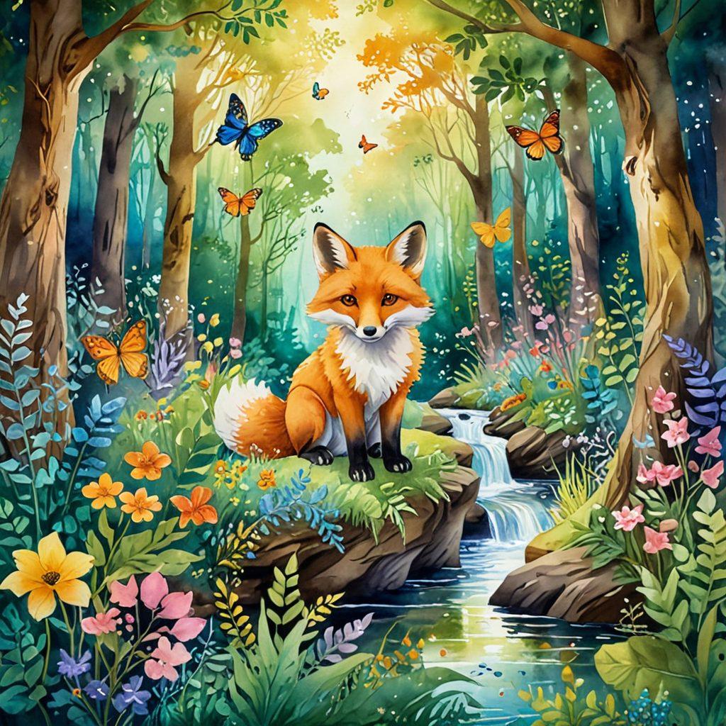 A whimsical forest scene where a cheerful fox leads a group of forest animals on an adventure, surrounded by lush greenery and colorful flowers. The sun filters through the leaves, creating a magical atmosphere full of joy and bliss. Include playful elements like butterflies and sparkling streams to enhance the sense of adventure. watercolor painting. vibrant colors.